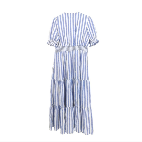 Boden Anna Linen Tiered Midi Dress Blue White Striped Smocked Puff Sleeve 12L - Picture 2 of 6